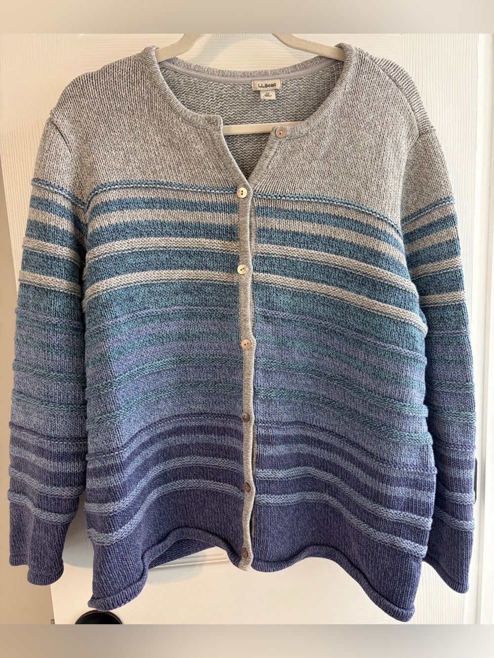 L.L. Bean Women's Gray and Blue Ombre Striped Button-Front Knit Cotton Cardigan